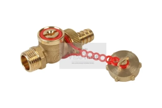 Giacomini - Vypouštěcí kulový kohout 1/2 "s vnějšími závity, s hadicovou vývodkou a zátkou. Ovládání pomocí šterbiny pro šroubovák