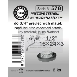 Sada těsnění 1/2" 16 x 24 x 3 mm s tvarovým nerezovým sítkem, pryž