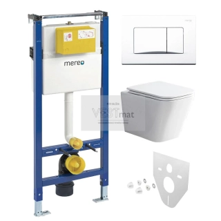 Mereo WC set - Rimless WC hranaté, modul pro sádrokarton, bílé hranaté tlačítko